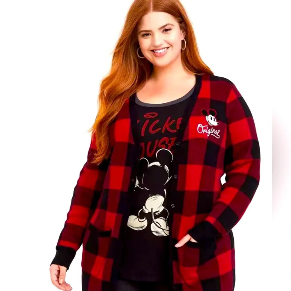 TORRID DISNEY Red & Black Buffalo Plaid Mickey Mouse Cardigan Plus Size